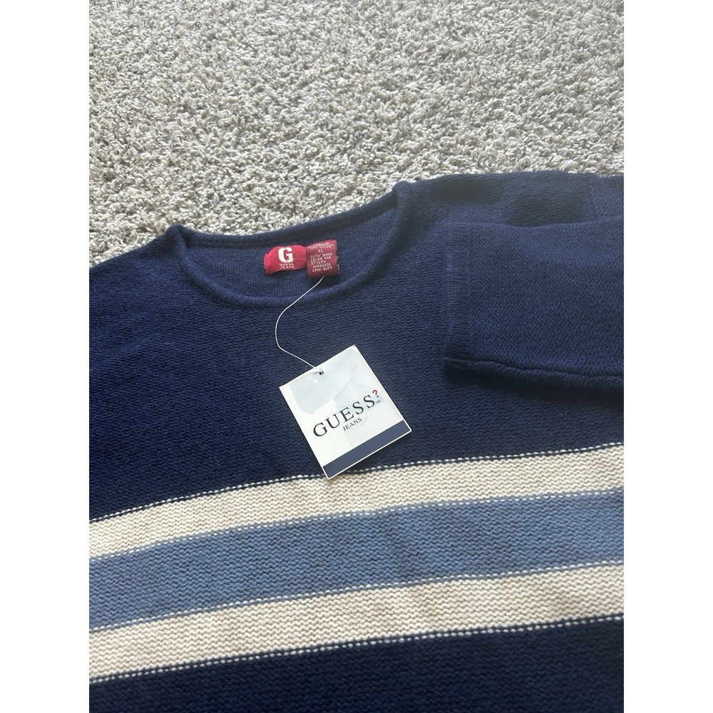 NWT VTG Guess Jeans Brand Men's XL Navy Blue/Cream Lambswool Pullover Sweater